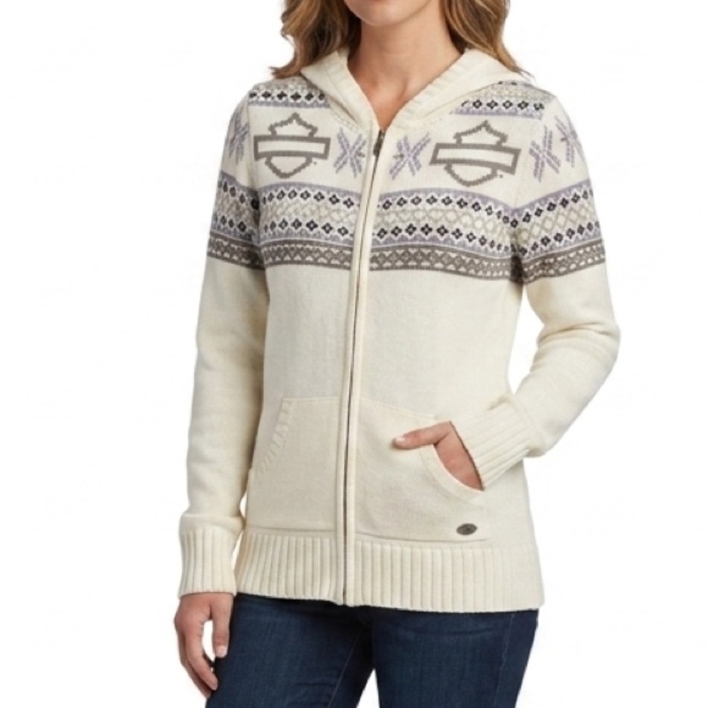 HARLEY DAVIDSON Wool Nordic Inspired Fair Isle Knit Hooded Sweater Zip Cardigan